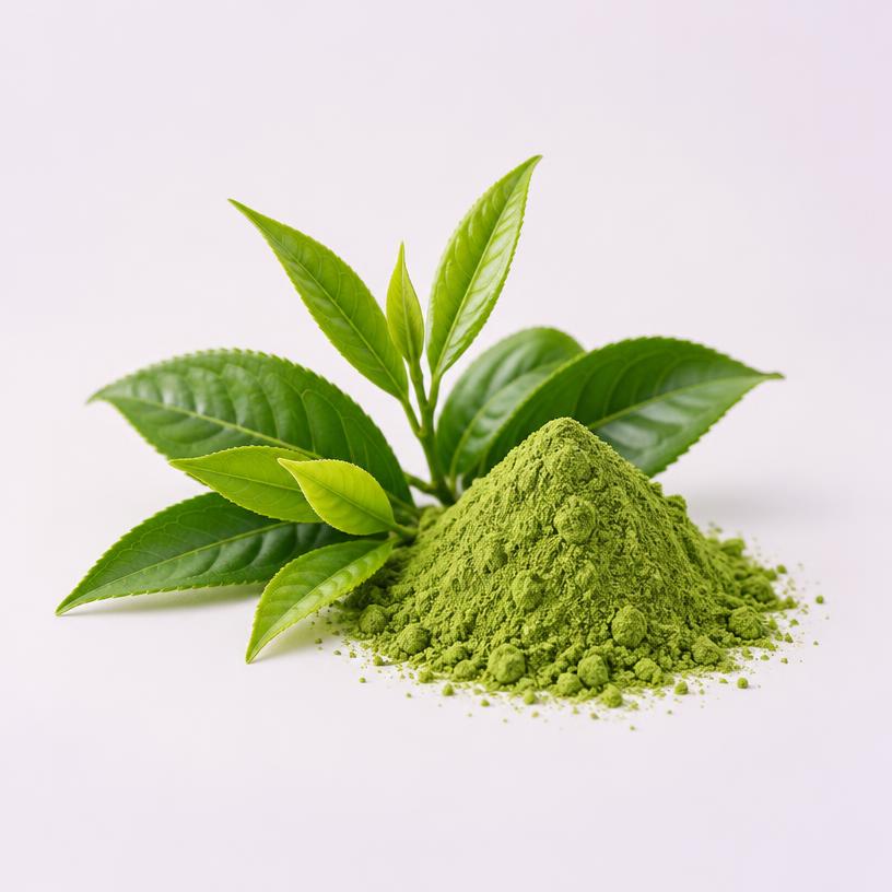Hojas frescas de té verde junto a polvo de extracto